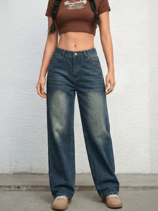 Women Wide Leg High-Rise Low Distress Jeans