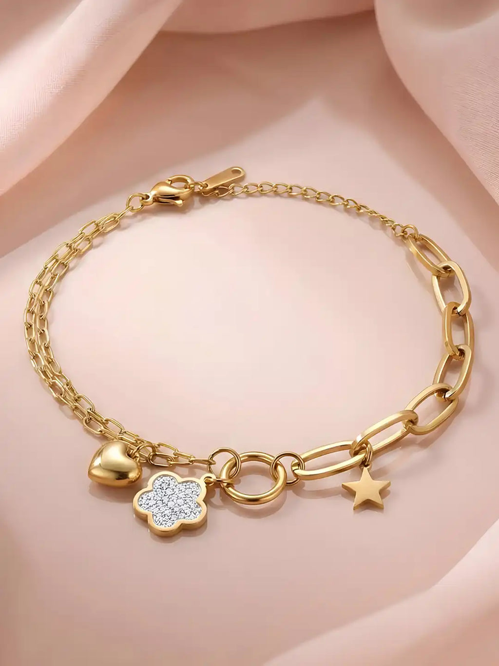 18K Gold-Plated Anti-Tarnish Heart Star & Crystal Flower Charm Bracelet