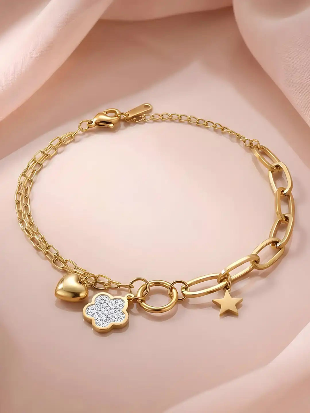 18K Gold-Plated Anti-Tarnish Heart Star & Crystal Flower Charm Bracelet