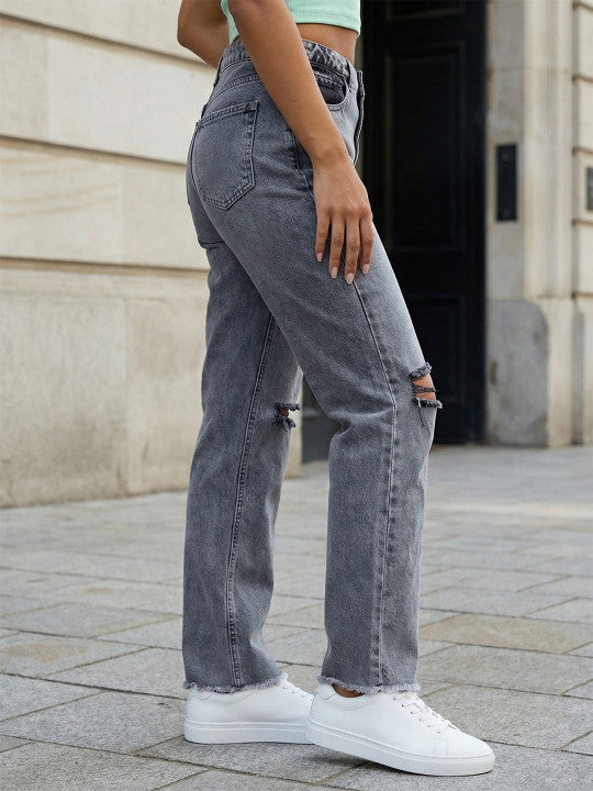 Women Straight Fit High-Rise Slash Knee Light Fade Jeans