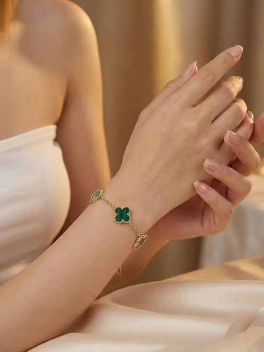 Women Gold Plated Anti-Tarnish Stainless Steel Green Clover Bracelet