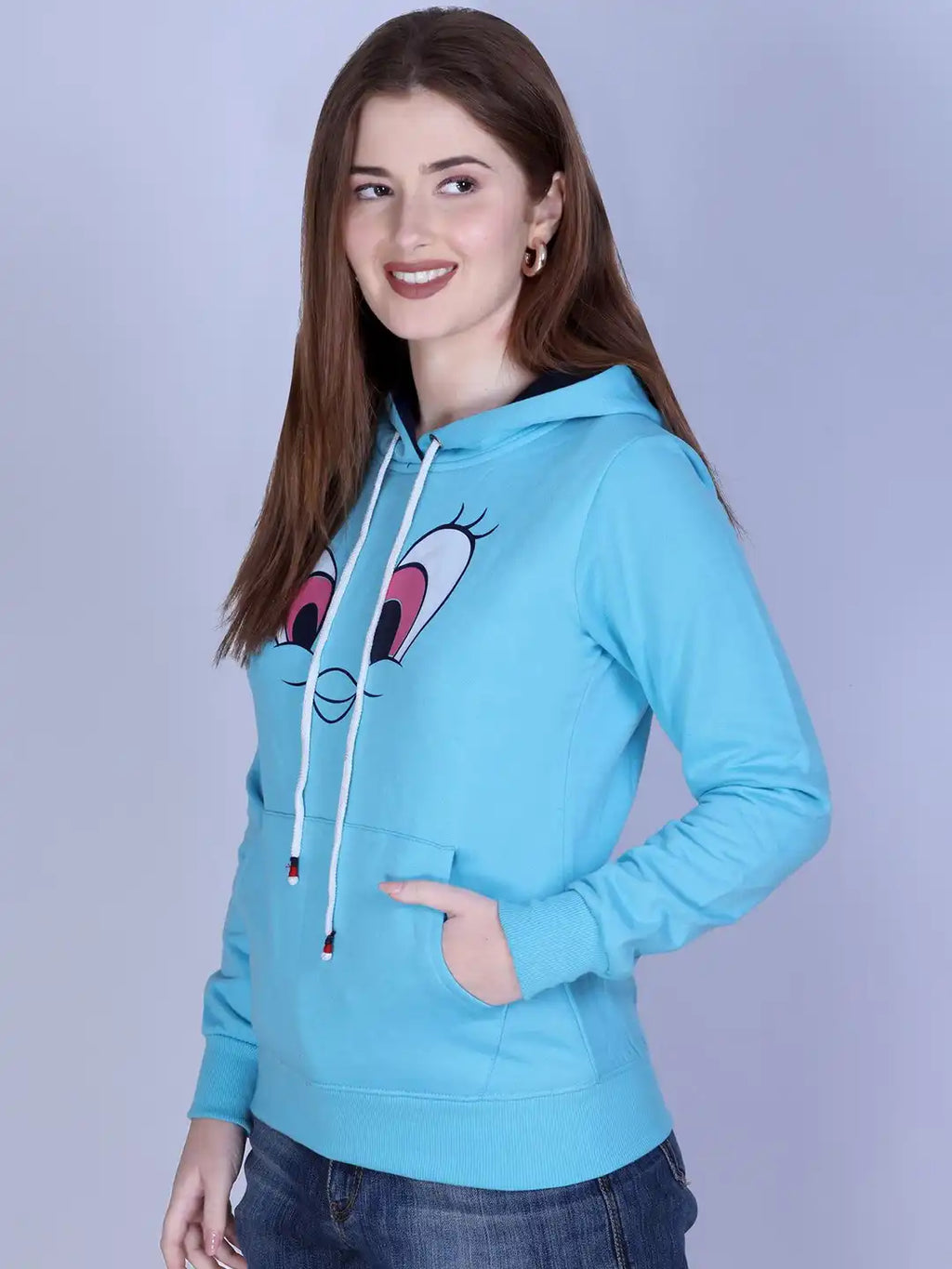 Women Hooded Abstract Printed Ribbed Pullover Sweatshirt