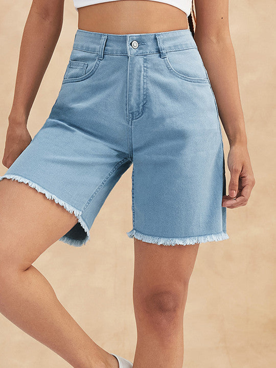 Women High Rise Clean Look Above Knee Stretchable Denim Shorts
