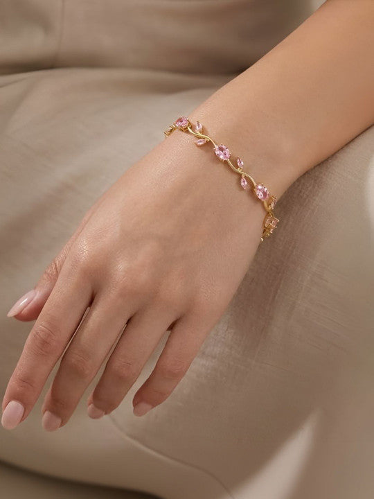 Anti Tarnish Floral Pink Crystal Stones Tulip Bracelet