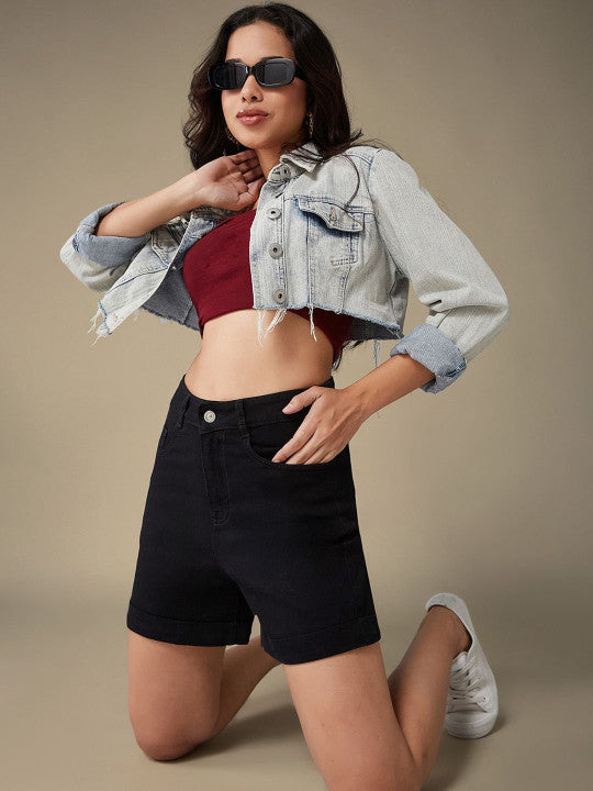 Women High-Rise Clean Look Stretchable Flared Denim Shorts