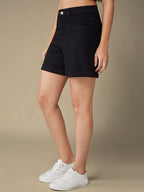 Women High-Rise Clean Look Stretchable Flared Denim Shorts