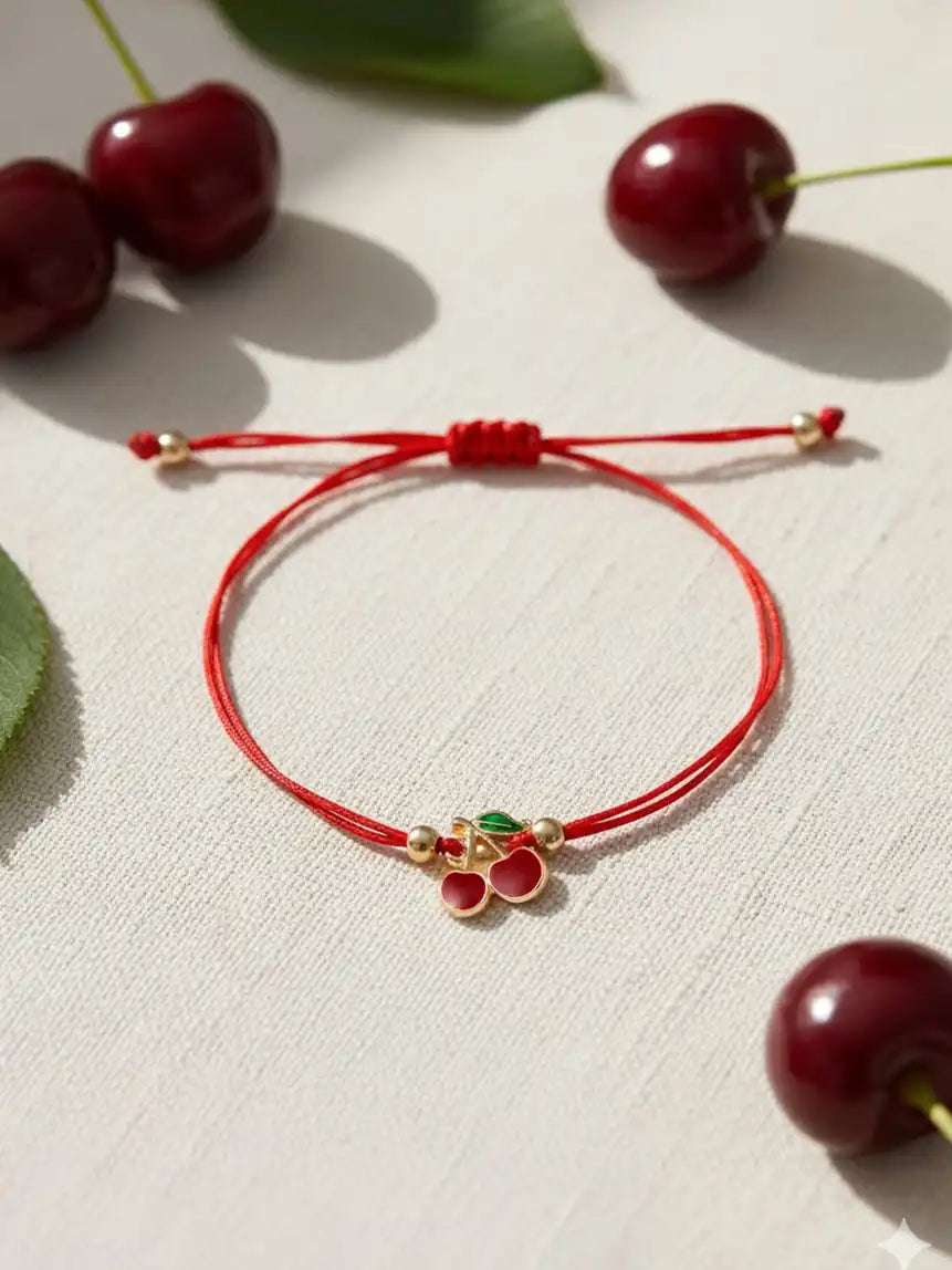 Women Cherry Charm Cord Bracelet