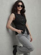 Women Black Solid Formal Sleeveless Slim Fit Waistcoat