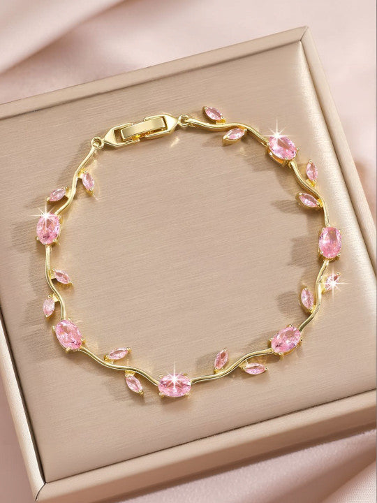 Anti Tarnish Floral Pink Crystal Stones Tulip Bracelet