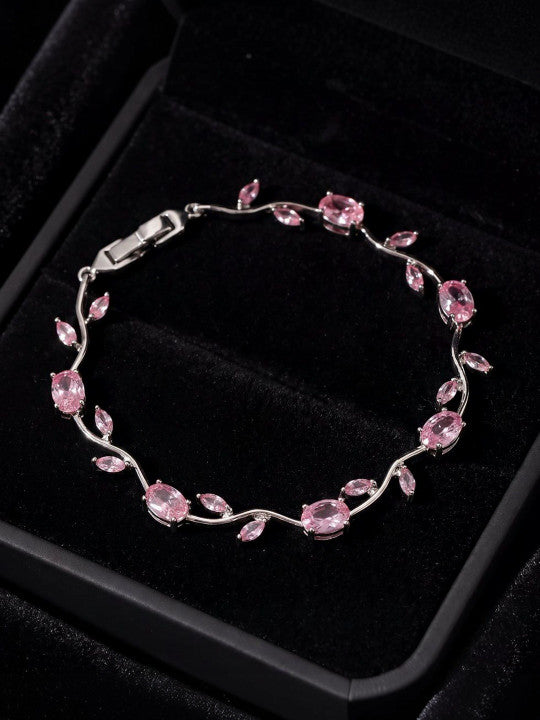 Silver Anti Tarnish Floral Pink Stones Crystal Tulip Bracelet