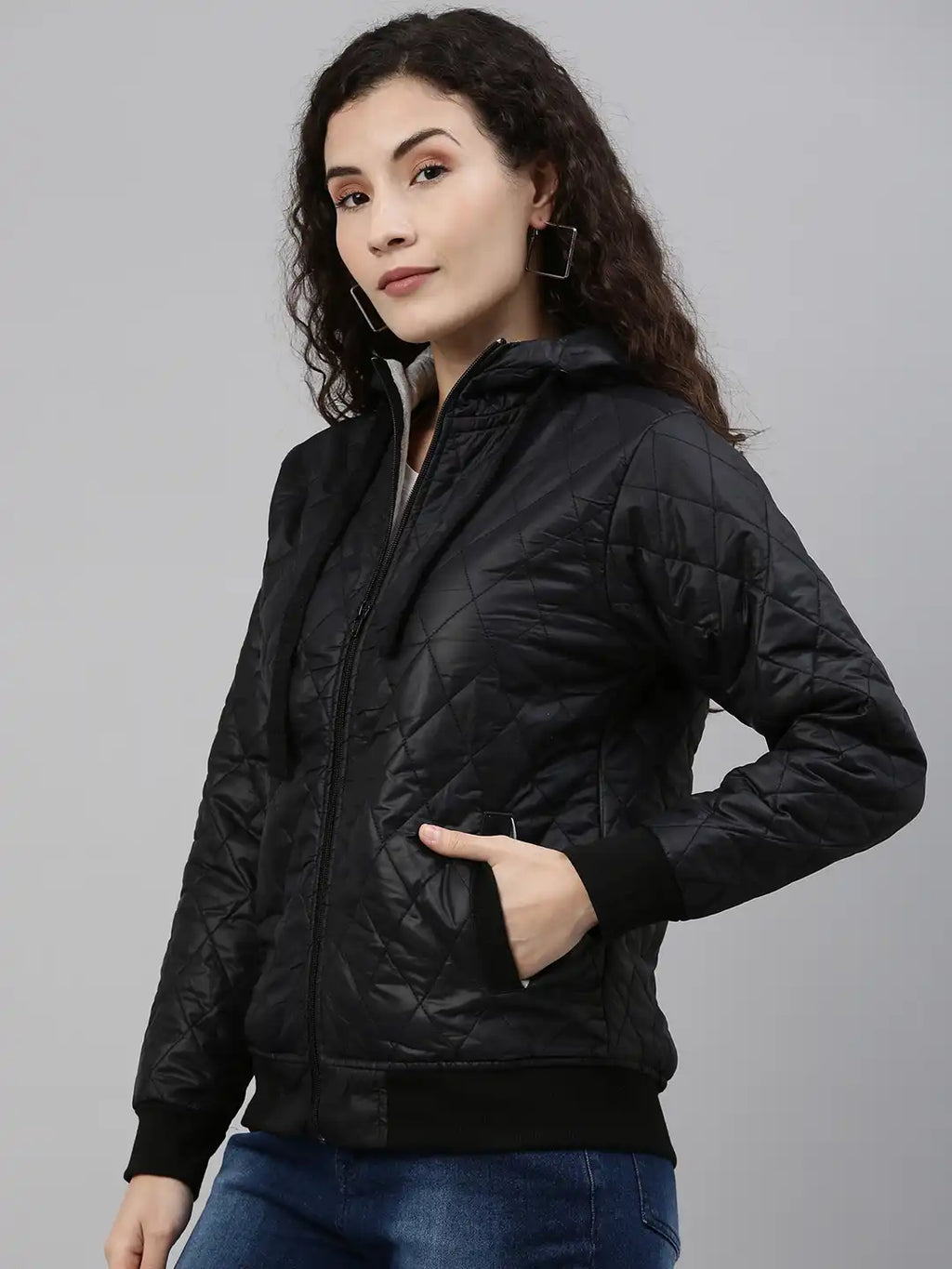Women Black Hooded Quilted Jacket