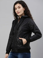 Women Black Hooded Quilted Jacket