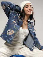 Blue Floral Printed Windcheater Cotton Denim Jacket