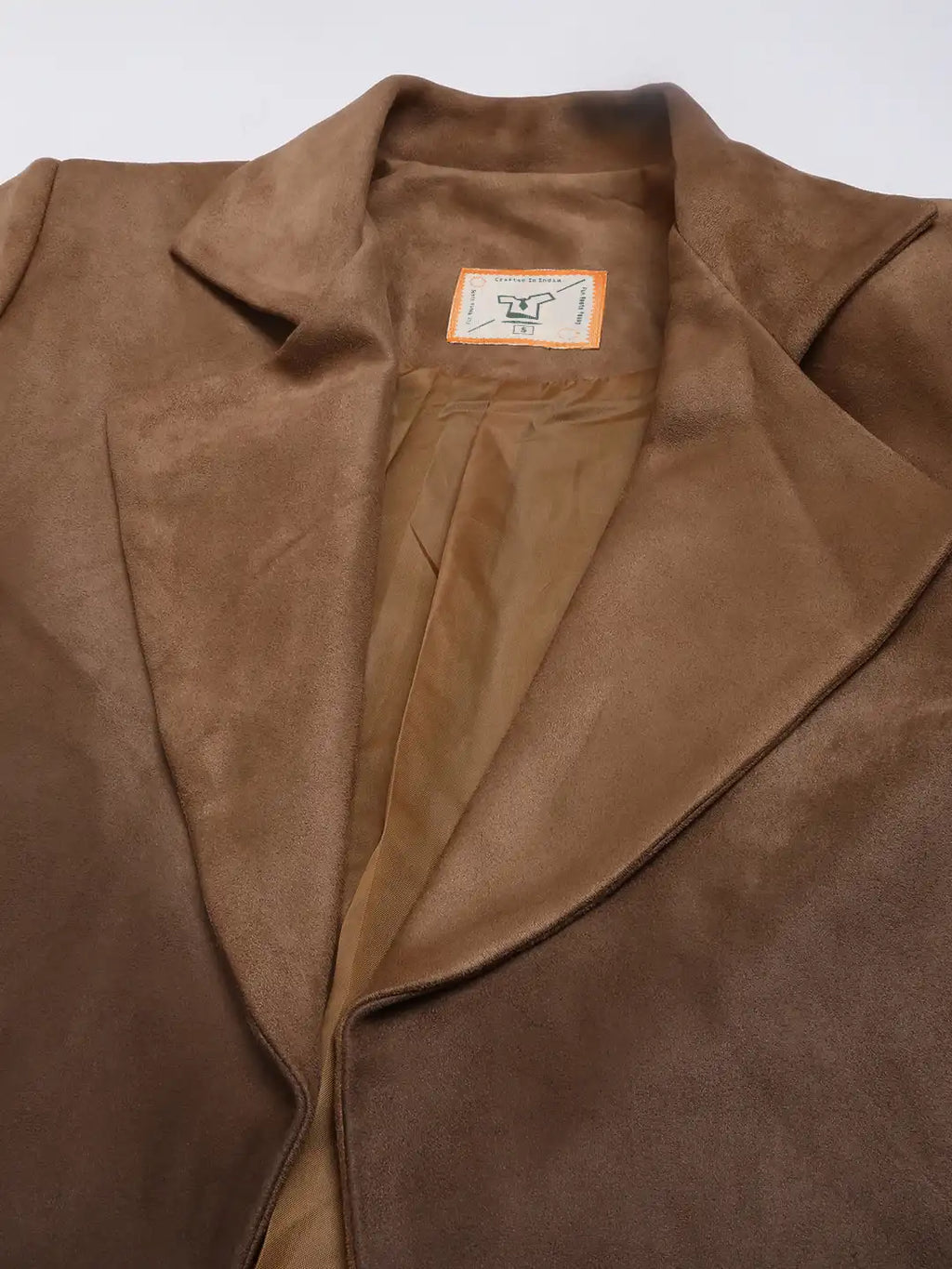 Women Tan Brown Solid Suede Longline Overcoat