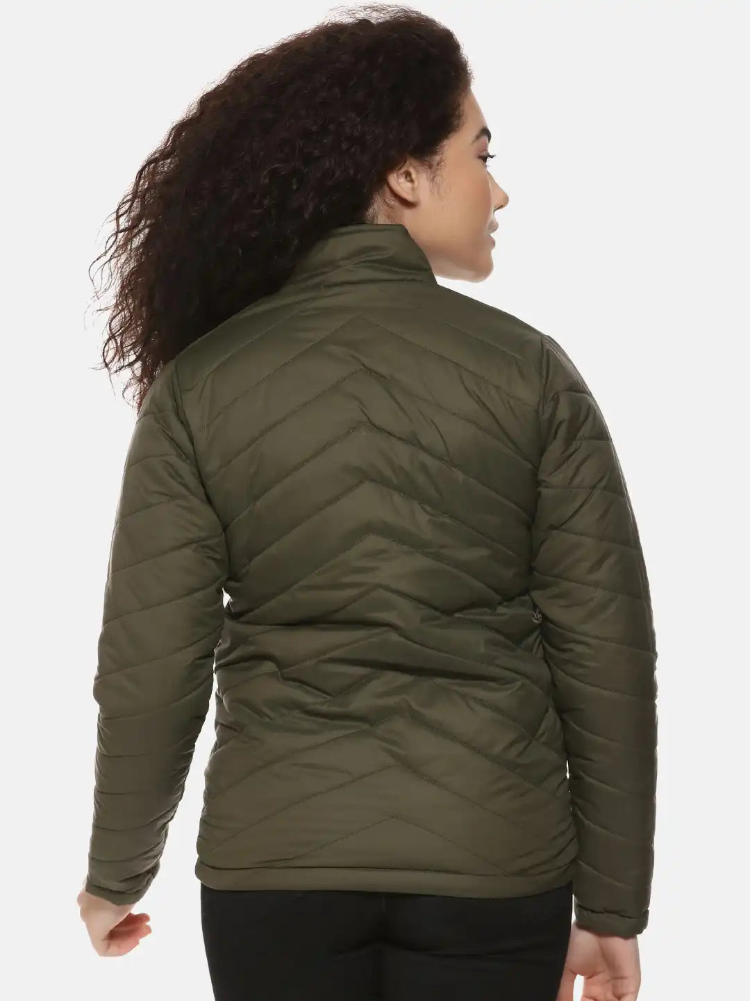 Women Olive Green Solid Padded Jacket