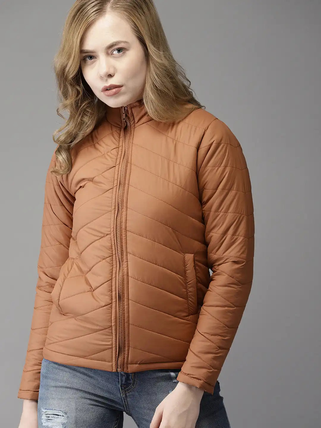 Women Camel Brown Solid Puffer Jacket