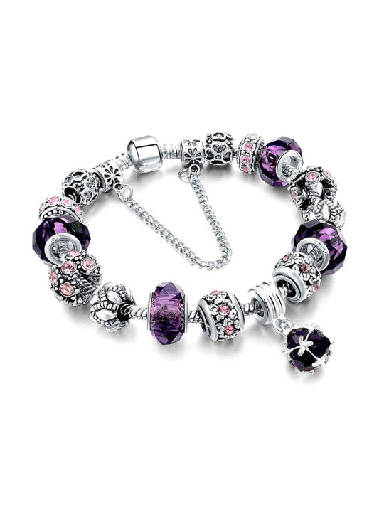 Vistelle Silver Toned Purple Crystal Studded Charm Hanging Bracelet