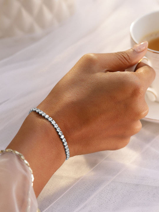Rhodium Plated Cubic Zirconia Studded Premium Tennis Bracelet