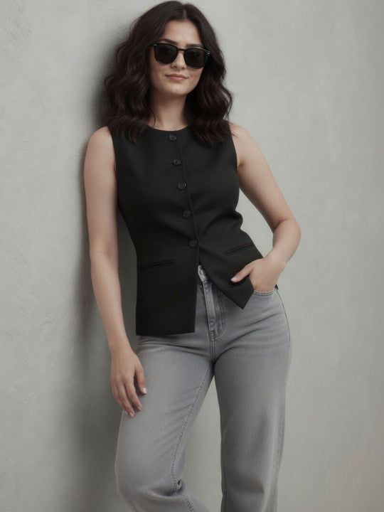 Women Black Solid Formal Sleeveless Slim Fit Waistcoat