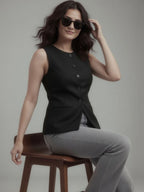 Women Black Solid Formal Sleeveless Slim Fit Waistcoat