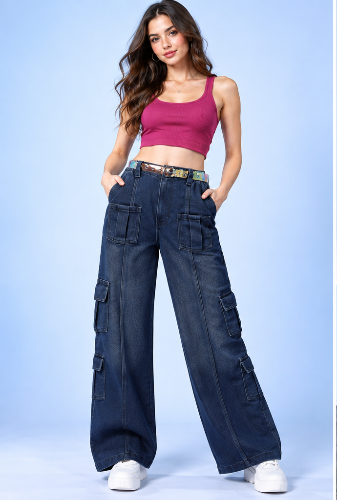 Women Flared High-Rise Clean Look Cargo Jeans