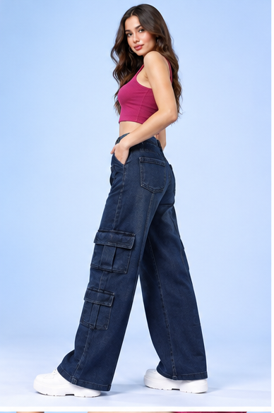 Women Flared High-Rise Clean Look Cargo Jeans