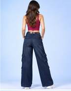 Women Flared High-Rise Clean Look Cargo Jeans