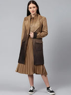 Women Tan Brown Solid Suede Longline Overcoat