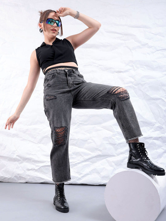 Women Straight Fit Mildly Distressed Pure Cotton Jeans