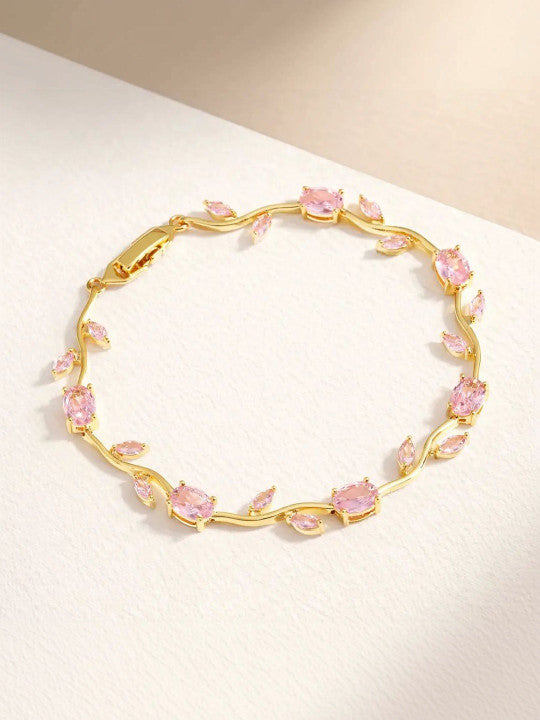 Anti Tarnish Floral Pink Crystal Stones Tulip Bracelet