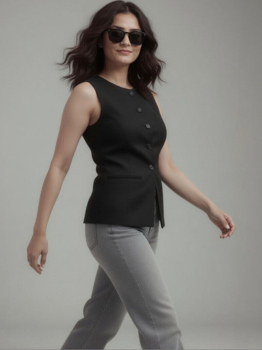 Women Black Solid Formal Sleeveless Slim Fit Waistcoat