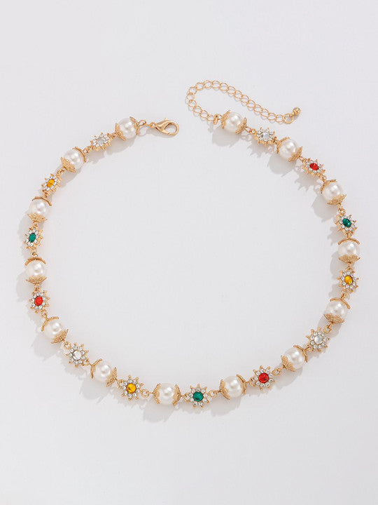 Gold-Plated Artificial Stones Studded & Pearls Beaded Necklace