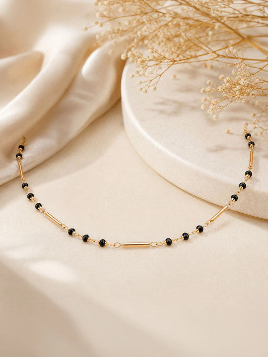 Women Brass Black Beaded Chain Necklace with Minimal Bar Link Design