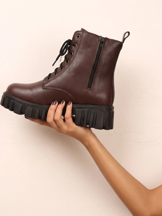 The Lifestyle Co Women Round Toe Lace-Ups Chunky Boots