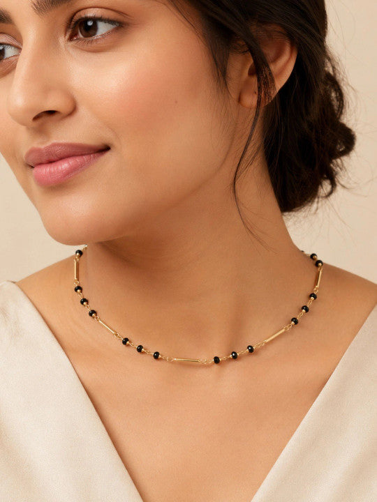 Women Brass Black Beaded Chain Necklace with Minimal Bar Link Design