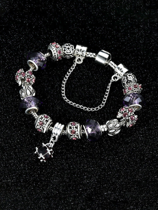 Vistelle Silver Toned Purple Crystal Studded Charm Hanging Bracelet