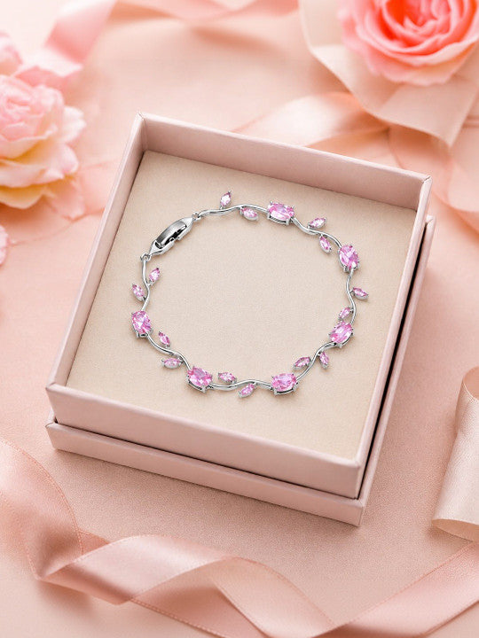 Silver Anti Tarnish Floral Pink Stones Crystal Tulip Bracelet