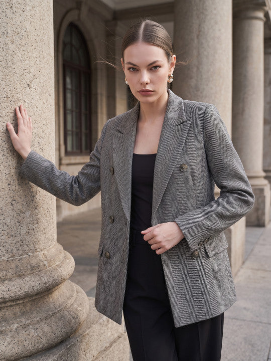 Self Design Notched Lapel Double-Breasted Casual Blazer