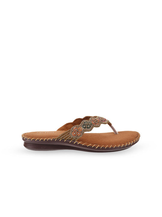 Women Brown Gold-Toned Embellished Open Toe Flats