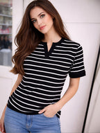 Women Striped V-Neck Bio Finish T-shirt
