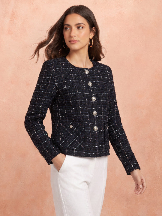 Checked Cotton Collarless Single-Breasted Blazers