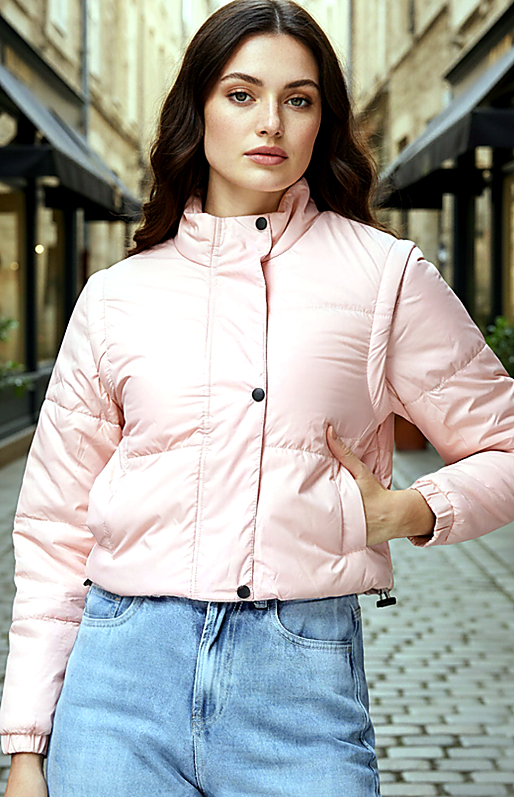 Two-in-One Cropped Detachable Sleeves Puffer Jacket