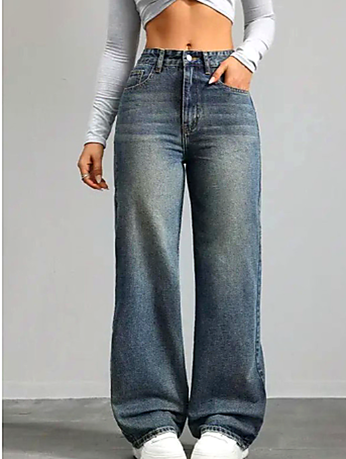 Women Jean Wide Leg High-Rise Heavy Fade Stretchable Jeans