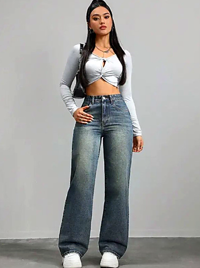 Women Jean Wide Leg High-Rise Heavy Fade Stretchable Jeans