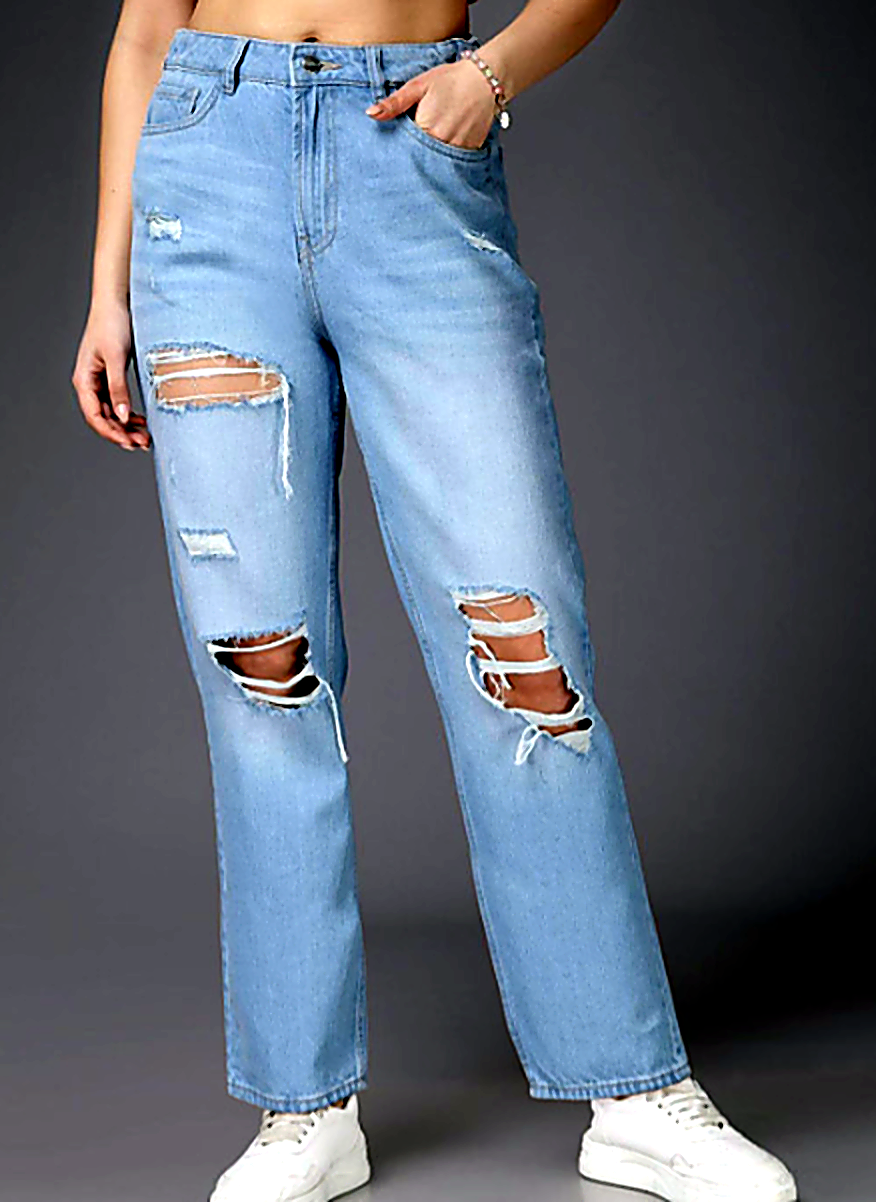 Women Straight Fit Mildly Distressed Cotton Jeans