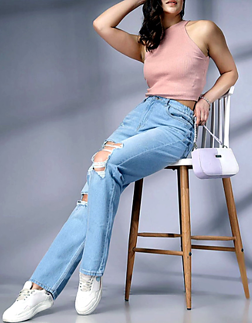 Women Straight Fit Mildly Distressed Cotton Jeans