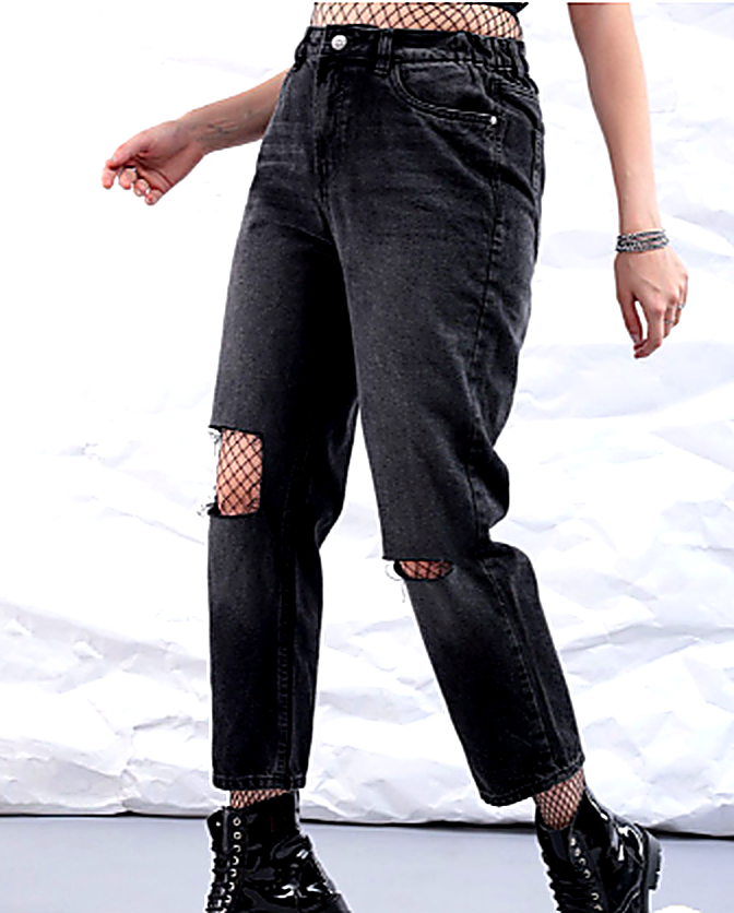Women Straight Fit Slash Knee Pure Cotton Cropped Jeans