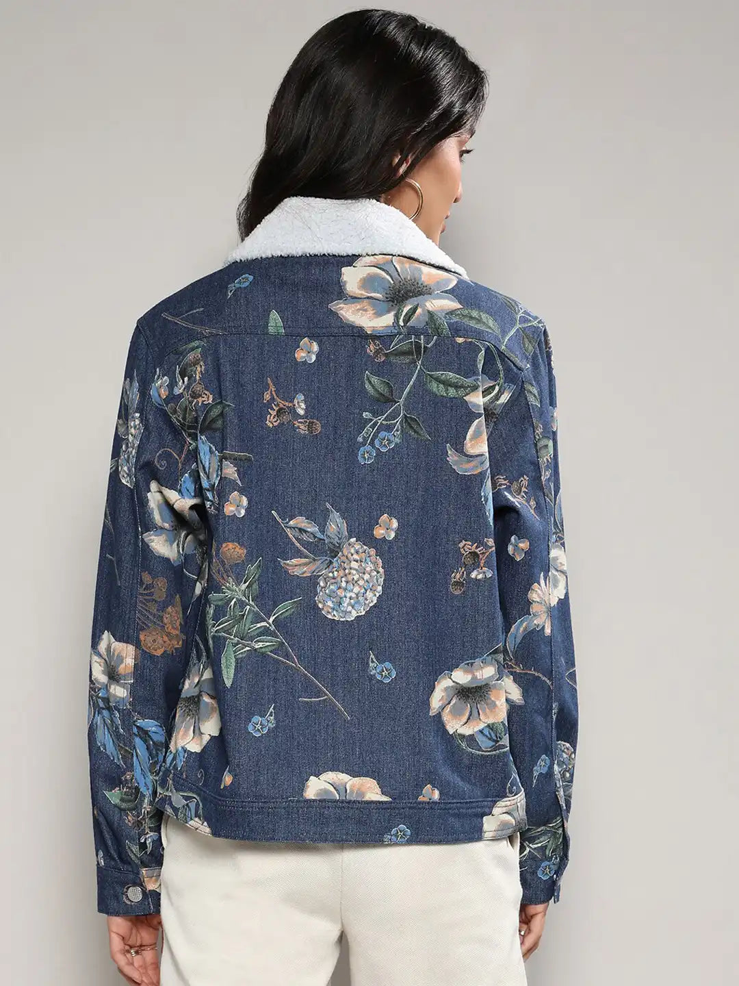 Blue Floral Printed Windcheater Cotton Denim Jacket