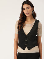 Women Black Solid Lightweight Waistcoat