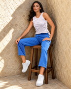 Women Blue Flared Clean Look Cargo Jeans